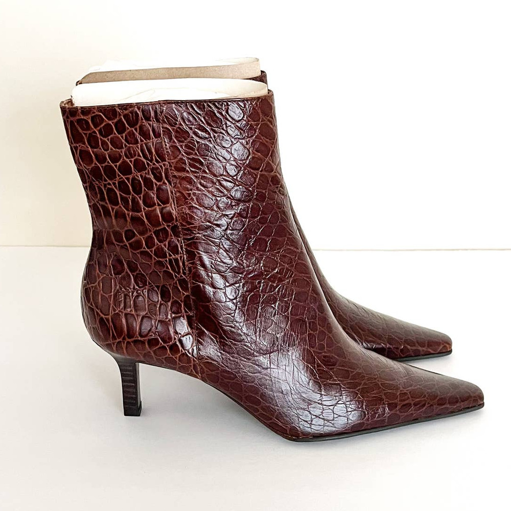 Lauren Ralph Lauren Morrican Croc Embossed Pointed Toe Ankle Boots Sz 10B NWOT